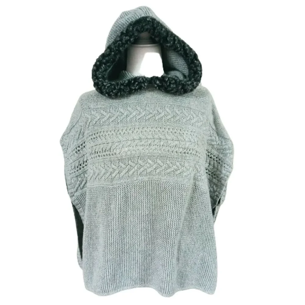 🥼👓Gap Kids XL Hoodie Poncho Cable Knit Heather Gray Faux Fur Trim Girls Winter